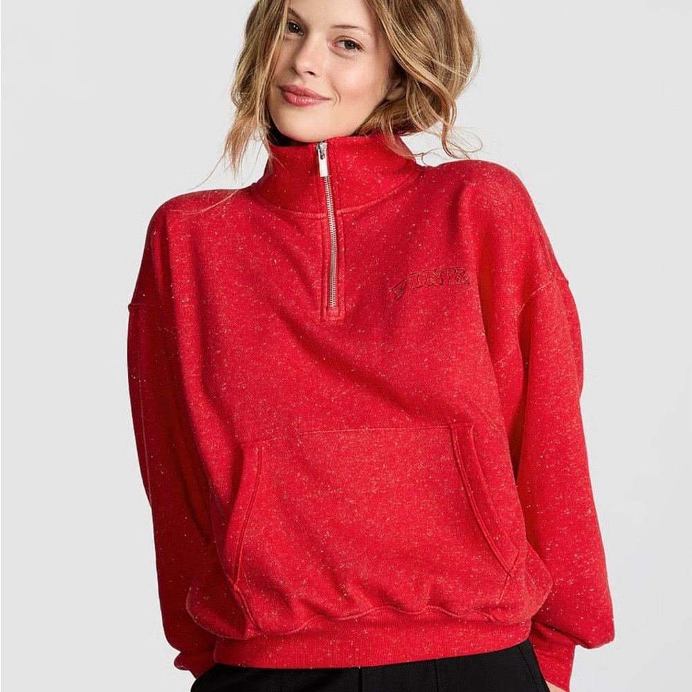 PINK Victoria's Secret Red Speckled Half-Zip Pullover